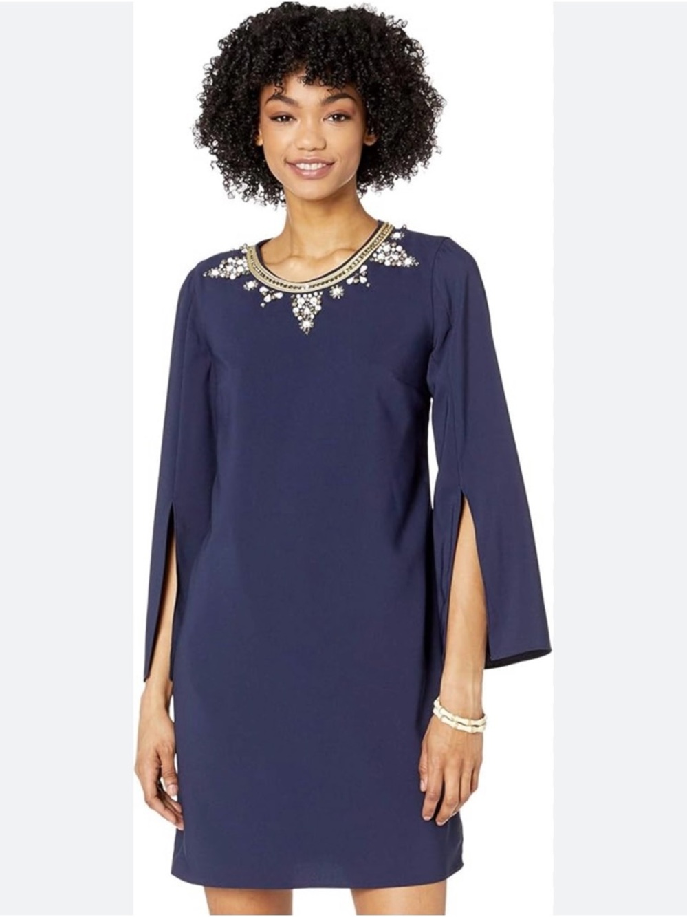 Lilly Pulitzer Navy Shift Dress with Gold and White Embellished Neckline